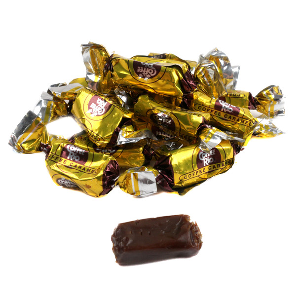 Coffee Rio Coffee Candy Caramel hard candies, brown and tan, approx 87 pieces per pound. Made with real coffee, fresh cream.