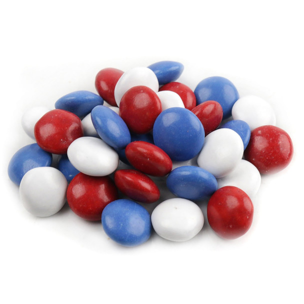 Red, White, Blue Milk Chocolate Gems, candy-coated, approx. 400 per pound, for 4th of July, baking, decorating.