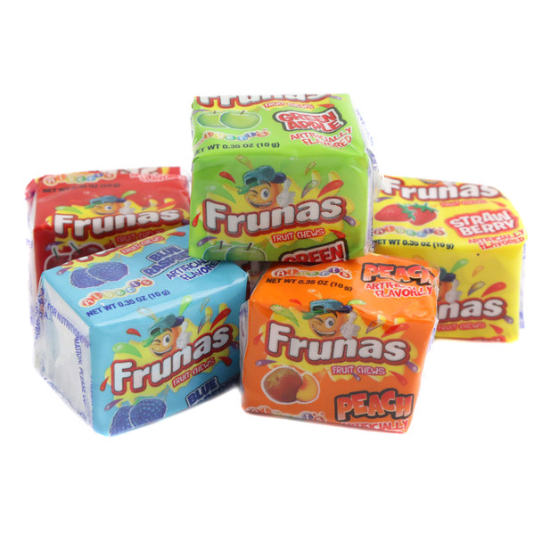Frunas colorful chewy fruit candy, assorted red, green, blue, orange flavors. Small packs of four, bulk 45 per pound.