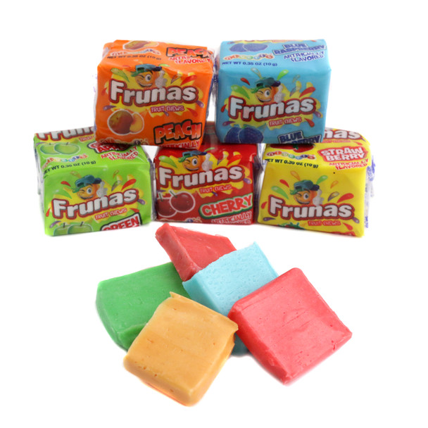 Colorful Frunas chewy fruit candy, assorted green apple, watermelon, cherry, strawberry, peach, blue raspberry flavors.