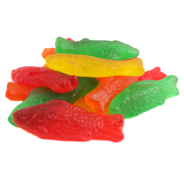 Assorted Swedish Fish, red, orange, lemon, lime, chewy, fruity, rainbow colored fish shaped candy, approx 55 per pound.