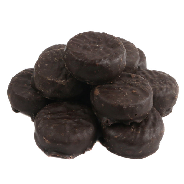 Brown unwrapped mini peppermint patties, 95 per pound, smooth chocolate exterior, cool mint filling.