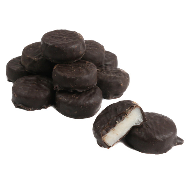 Unwrapped brown mini peppermint patties, approx. 95 per pound. Chocolate and mint flavor.