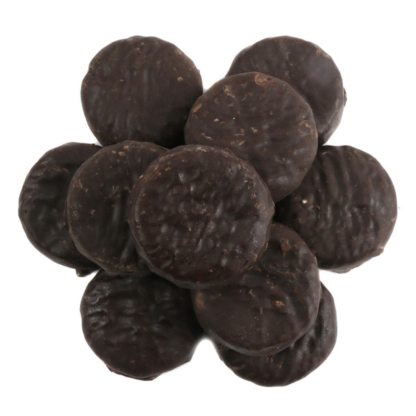 Unwrapped mini brown peppermint patties. Approximately 95 pieces per pound, rich chocolate with refreshing mint.