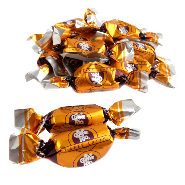 Coffee Rio Caffe Latte hard candy, creamy brown, 87 pieces per pound, rich coffee flavor, Made in USA.