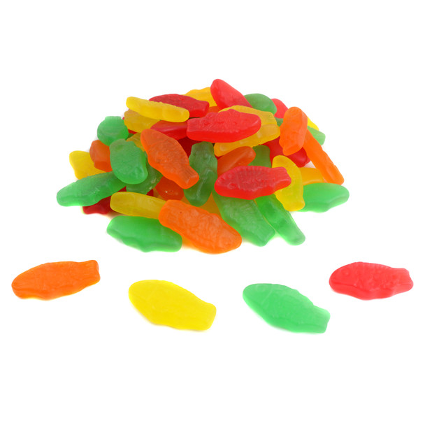 Assorted mini Swedish Fish gummy candies, vibrant red, orange, yellow, green, chewy fish shapes, about 170 pieces.