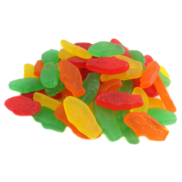 Assorted mini Swedish Fish candy, colorful red, orange, yellow, green fish shapes. Approx 170 pieces per pound.