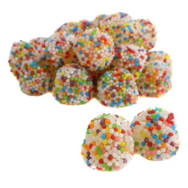 Vibrant rainbow nonpareil gummy berries from Holland, fruit-flavored candy with colorful sprinkles, approx 100 per pound.