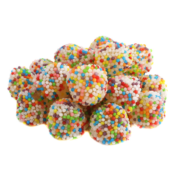 Rainbow Nonpareil Gummy Berries, sweet fruit-flavored candy with colorful rainbow nonpareil coating, approx 100 per pound.