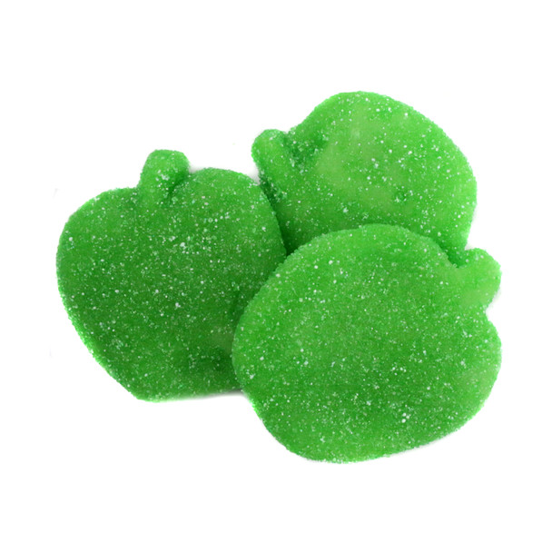 Bright green, sugar-coated, sour apple-shaped gummies, approx. 36 pieces per pound.