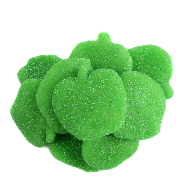 Green apple-shaped sour gummy candy, sugar-coated. Approximately 36 pieces per pound.