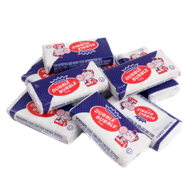 Dubble Bubble Nostalgic Original 1928 flat chunk-shaped bubble gum, featuring vintage retro packaging and classic branding
