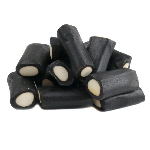 Black Licorice Rockies, soft black licorice candy with a sweet white cream center, 2.2LB bag, ~220 pieces.