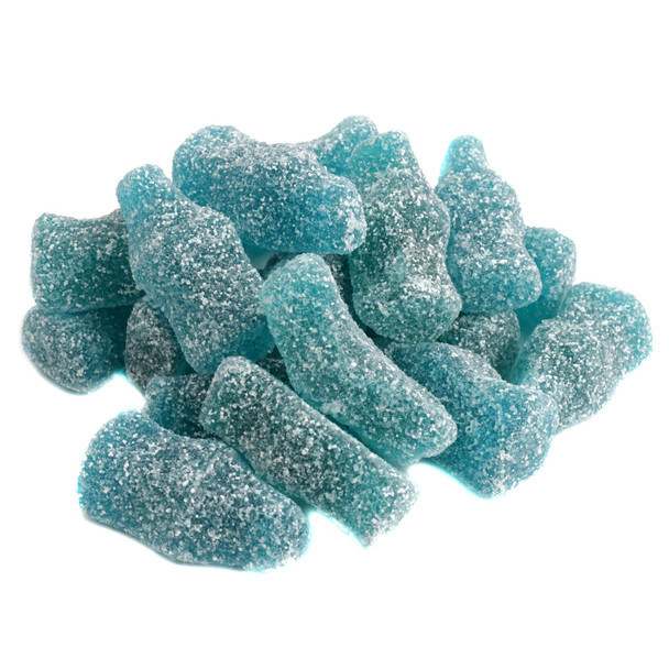 2.2LB bulk blue raspberry gummy soda bottles, 3-inch, sour sugar dusted, sweet and sour bite-size candy.
