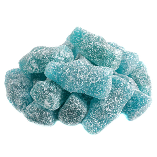 Blue raspberry gummy soda bottles, 2.2LB bulk bag, small 3-inch candies dusted with sour sugar.
