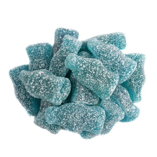 Blue Raspberry Gummy Soda Bottles, 2.2LB. Small 3-inch blue candies, sour sugar-dusted for a sweet & sour bite.