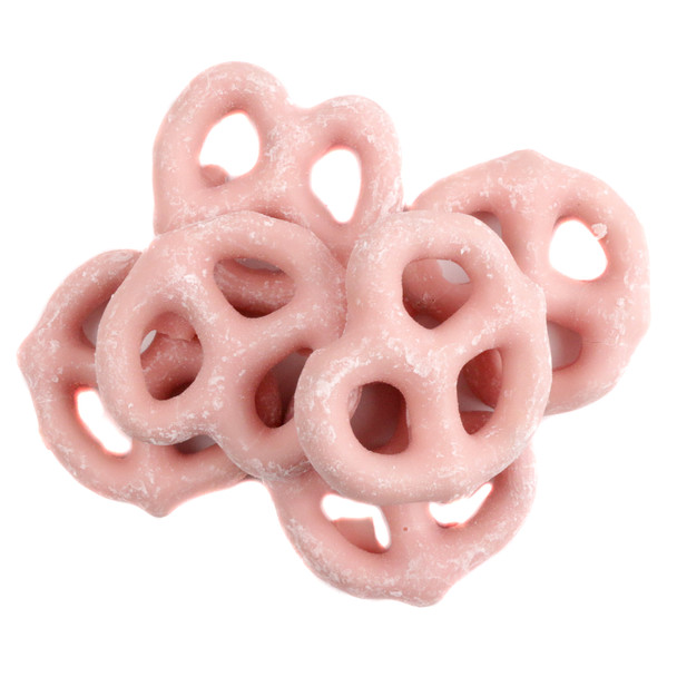 Mini strawberry yogurt covered pretzels, pink color, sweet & salty, approx 90 per pound.