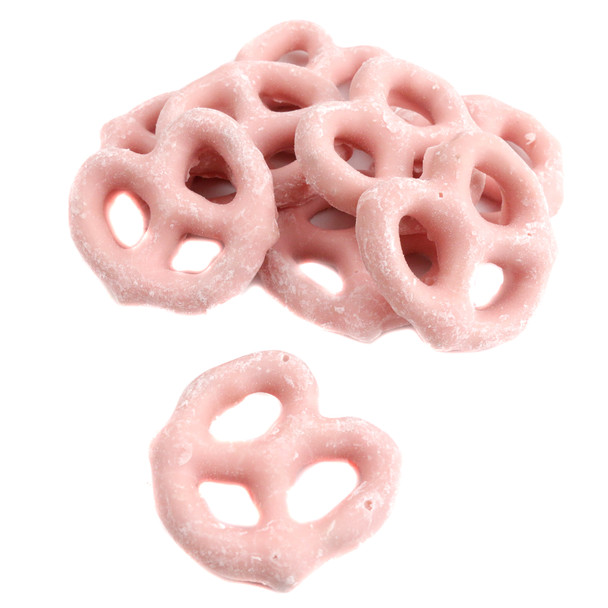 image of mini strawberry yogurt pretzel bulk unwrapped candy pink girl baby shower covered pretzels hayden valley farms
