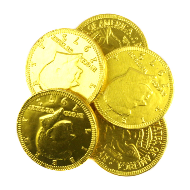 Bright yellow foil-wrapped milk chocolate coins, 1.5 inches, with US half dollar design, approx 80 per pound.