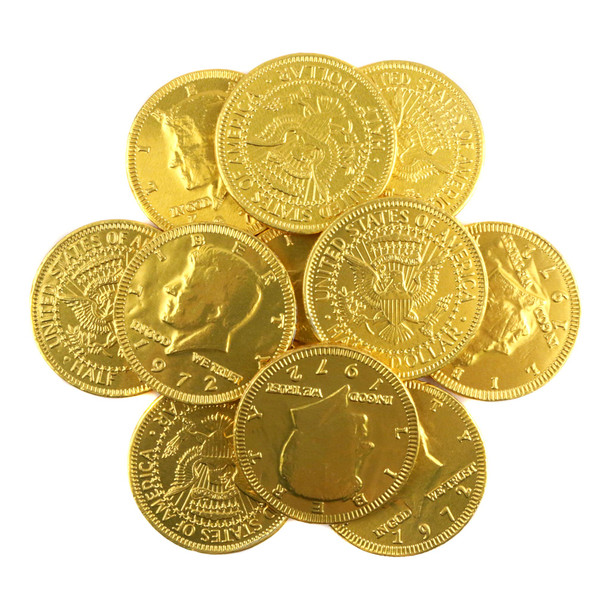Bright gold foil milk chocolate coins, 1.5 inch, JFK half-dollar design, 80 per pound, bulk St. Patrick's Day candy.