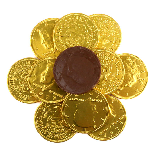 Gold foil wrapped milk chocolate coins, 1.5 inch, JFK half-dollar design, 80 per pound, bulk.