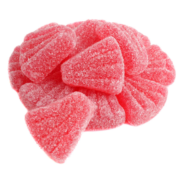 Vibrant pink grapefruit gummy wedges, sour sugar dusted, 2.2LB bag with 75 pieces.