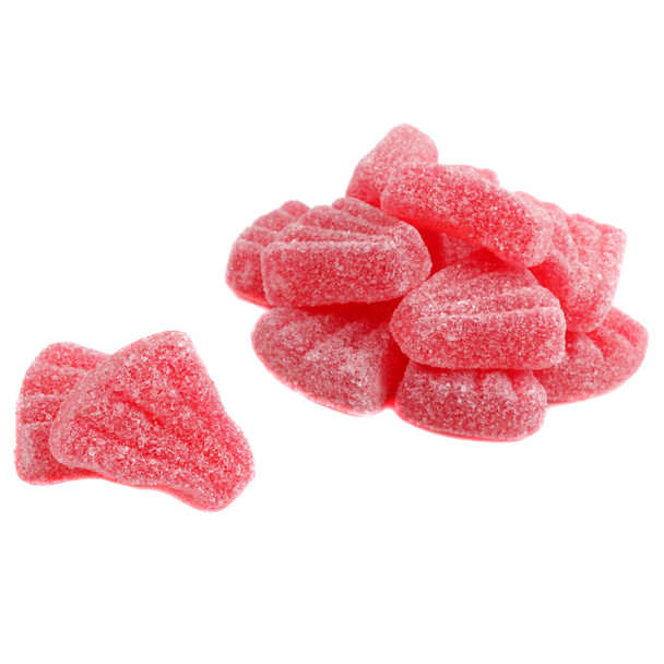 Bright pink grapefruit sour gummy wedges, sugar dusted, 2.2LB bag, approximately 75 pieces of refreshing candy.