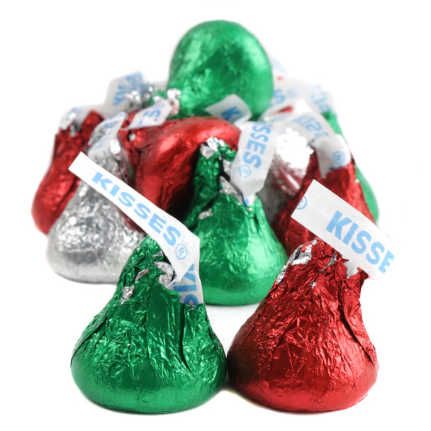 Classic, festive Christmas Hershey Kisses, approx. 90 per pound, in bright red, green, and silver foil wrappers.