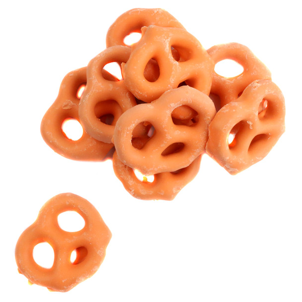 Creamy orange Pumpkin Spice Yogurt Pretzels, crispy, sweet, salty, bulk fall candy, approx 90 per pound.