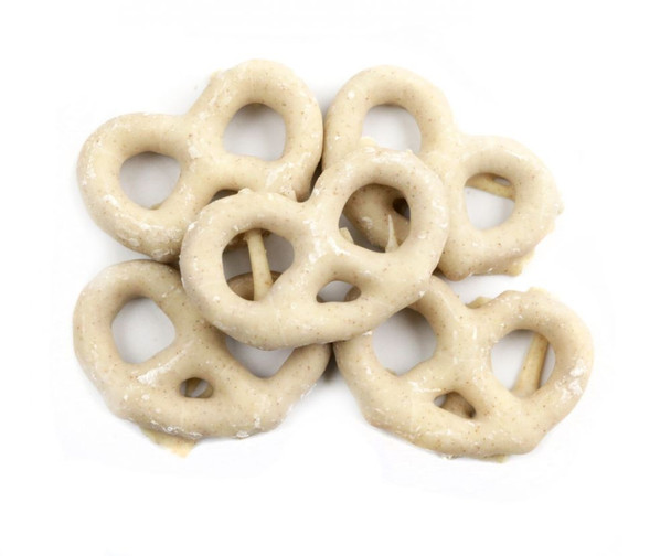 Mini cinnamon yogurt pretzels, creamy white coating, sweet and salty snack, approx 90 pretzels per pound.