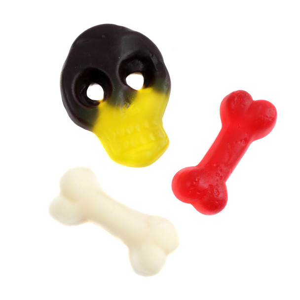 Assorted color gummy skulls and bones candy, 2 inch pieces, approximately 69 per pound.