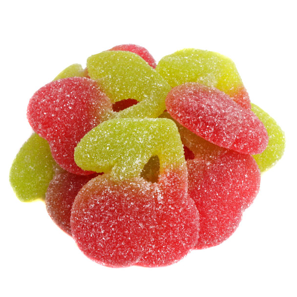 Vibrant red sour gummy twin cherries, sugar-coated, 2.2LB bag, approx 66 chewy pieces.
