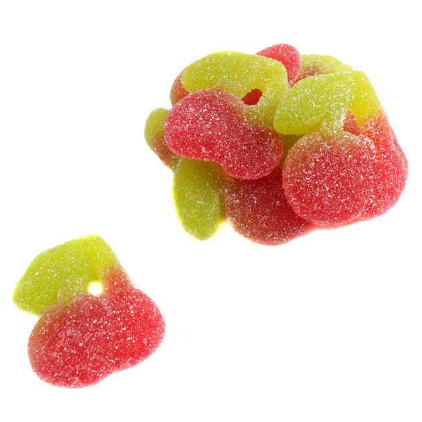 Vibrant red sour gummy twin cherries, 2.2LB bag, approximately 66 chewy pieces, tangy sour sugar coating.