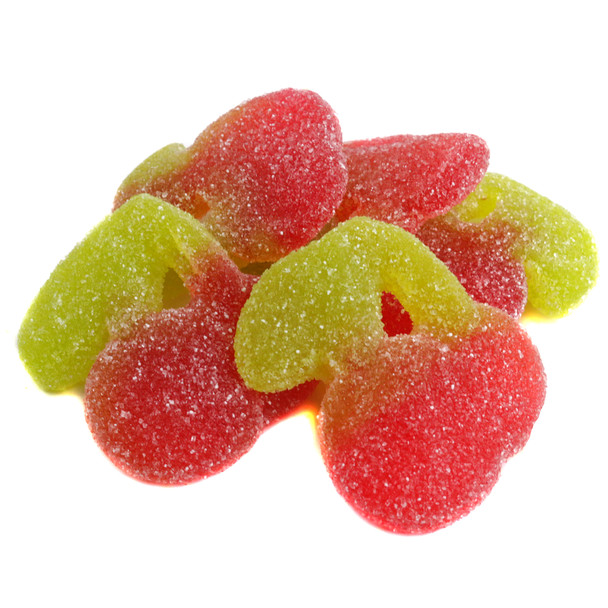Vibrant red sour gummy twin cherries, 2.2LB bag, approximately 66 pieces, tangy flavor. Imported from Holland.
