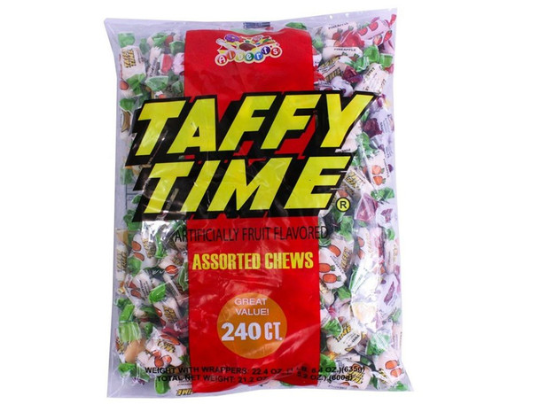 Taffy Time assorted chewy fruit taffy, 240 individually wrapped pieces in various bright colors.