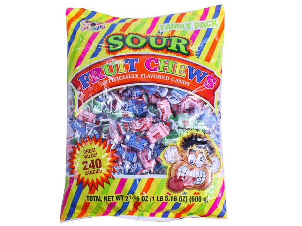 Albert's Sour Fruit Chews, 240 individually wrapped pieces in green apple, strawberry, and blue raspberry flavors.