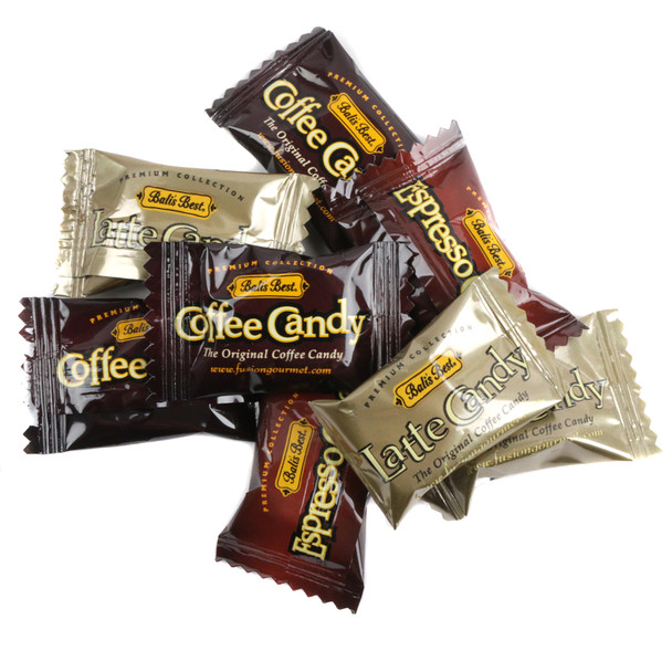 Balis Best Assorted Coffee, Latte, Espresso hard candies, 120 bulk-wrapped pieces, real coffee beans, brown, cream.