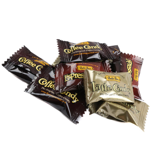 Balis Best Assorted Hard Coffee, Latte, Espresso candies, 120 pieces, real coffee beans, varying brown tones, dye-free.
