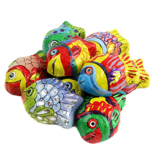 Miniature Chocolate Fish, premium milk chocolate, individually wrapped in colorful tropical fish foils. Approx 55 per pound.