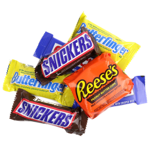 fun size chocolate candy bars, featuring caramel and peanut filling