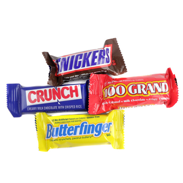 Fun size chocolate candy bars, featuring caramel and peanut filling