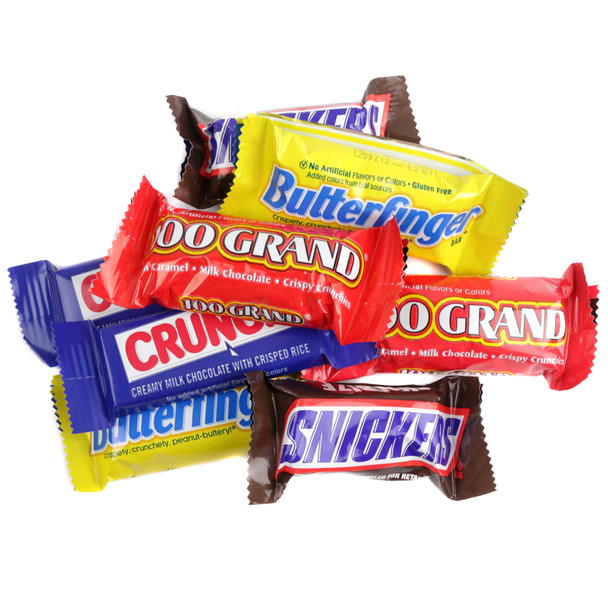 Variety of colorful fun size chocolate and caramel candy bars