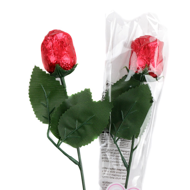 Ten elegant ruby red foil-wrapped Belgium milk chocolate roses, perfect for Valentine's Day or anniversary gifts.