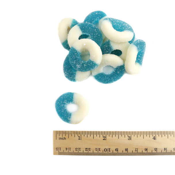 Blue Raspberry Gummy Rings, finely sanded, blue and white colors. Approximately 65 sweet tangy rings.