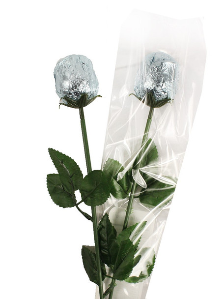 10 light blue foil-wrapped long-stemmed Belgium milk chocolate roses.