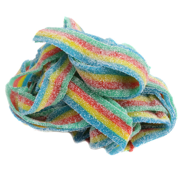 Quattro Rainbow Sour Belts, 9-inch long, blue raspberry, tutti frutti, strawberry, green apple colors.