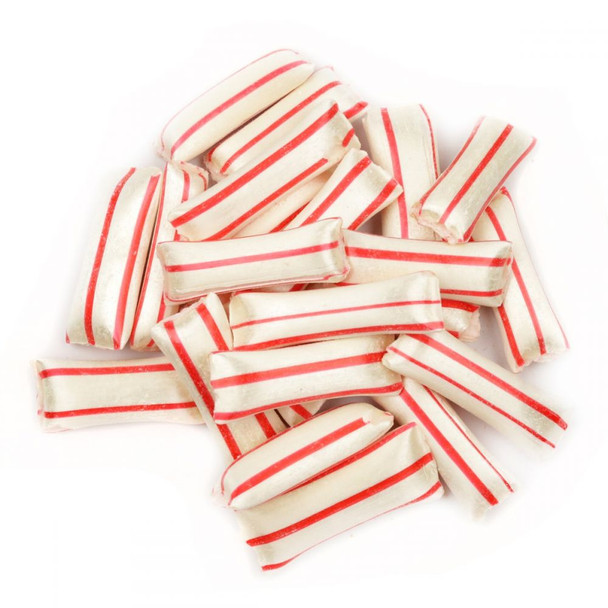 Old Fashioned Peppermint Sticks, 2-inch red and white striped Christmas candy, crispy shell, creamy mint filling.