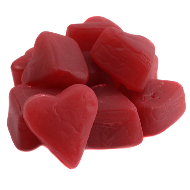 Fiery red cinnamon juju hearts, sweet & spicy, 80 pieces per pound. Perfect Valentine's candy.
