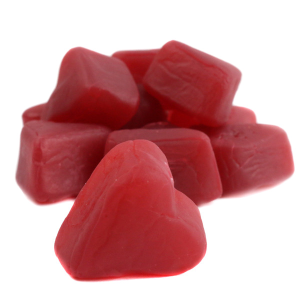 Fiery red, heart-shaped cinnamon juju hearts, sweet & spicy, approx. 80 pieces per pound, Valentine's Day candy.