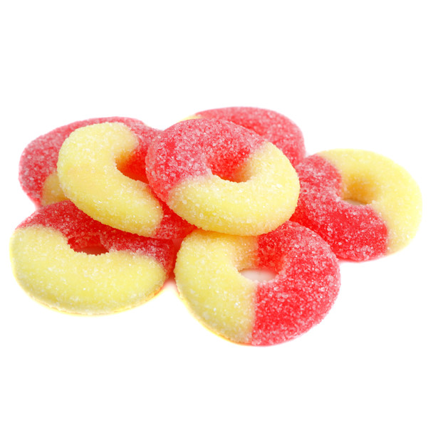 Vibrant red and yellow Strawberry Banana Gummy Rings, sugar-coated, chewy, sweet strawberry, creamy banana, approx 75 per pound.